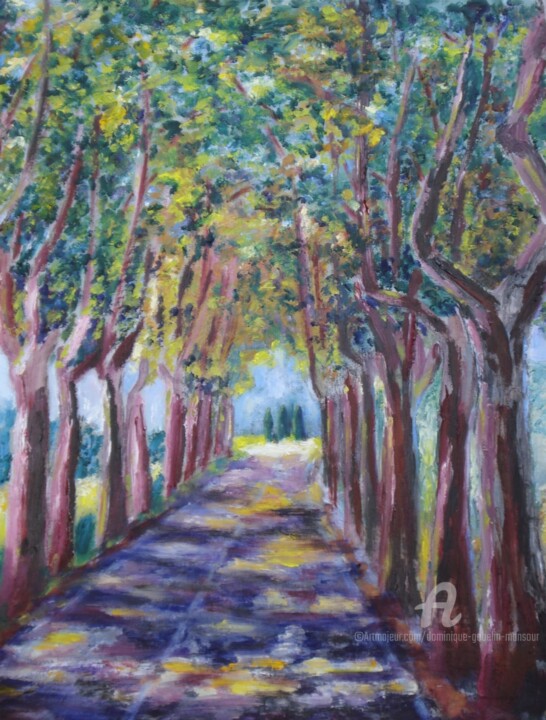 Painting titled "Les platanes" by Dominique Gobelin Mansour, Original Artwork, Oil