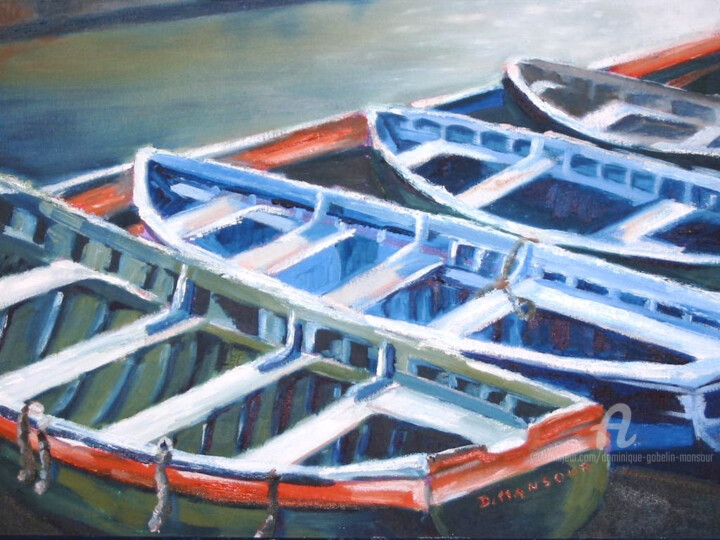 Peinture intitulée "Barques à Essaouira" par Dominique Gobelin Mansour, Œuvre d'art originale, Huile