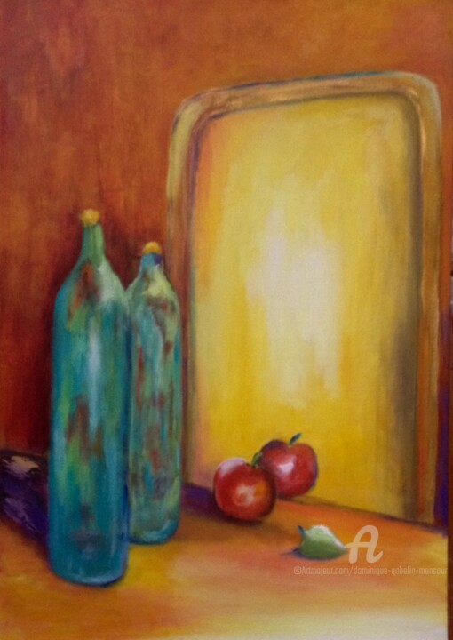 Painting titled "La pomme narcissique" by Dominique Gobelin Mansour, Original Artwork, Acrylic