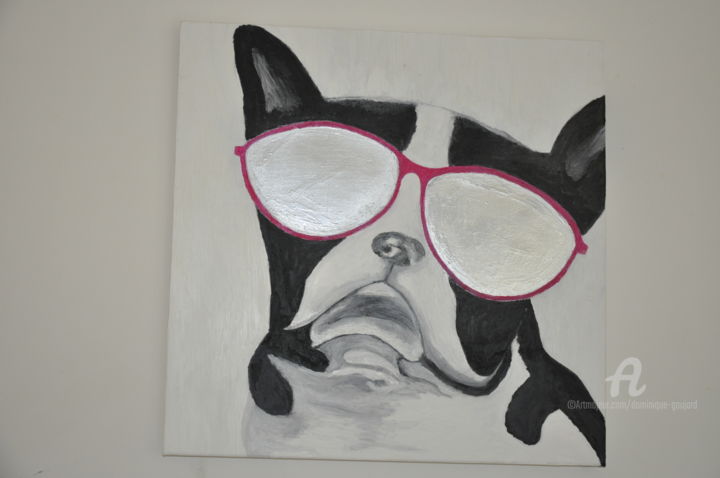 Painting titled "Chien à lunettes" by Dominique Goujard, Original Artwork, Oil