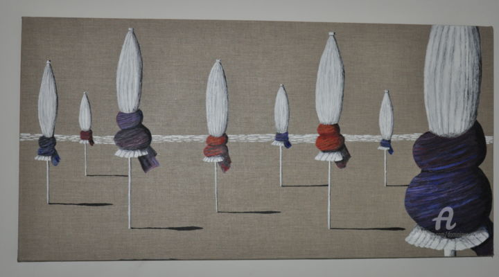 Peinture intitulée "Parasols sur la pla…" par Dominique Goujard, Œuvre d'art originale, Huile