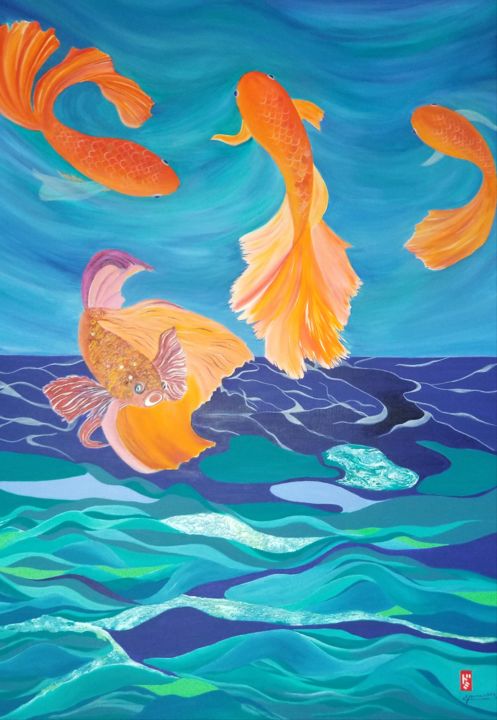 Painting titled "Mystérieux poissons…" by Dominique Hernandez, Original Artwork, Acrylic