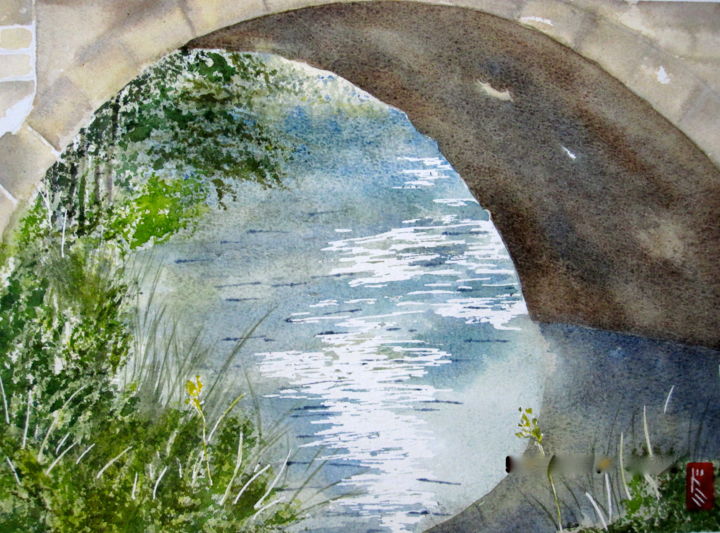 Painting titled "Pont de Brion sur O…" by Dominique Hernandez, Original Artwork, Watercolor