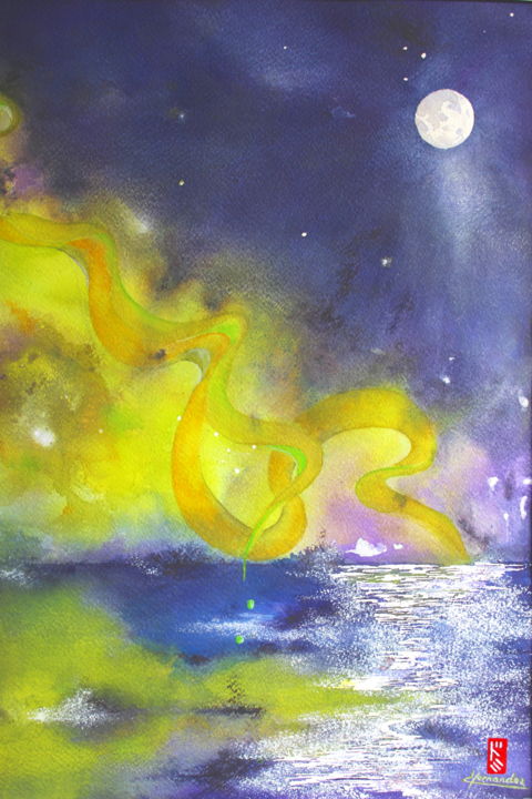 Peinture intitulée "Clair de lune (oeuv…" par Dominique Hernandez, Œuvre d'art originale, Aquarelle
