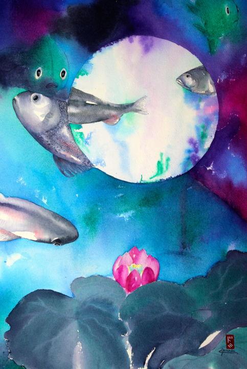 Картина под названием "Luna llena y peces" - Dominique Hernandez, Подлинное произведение искусства, Акварель