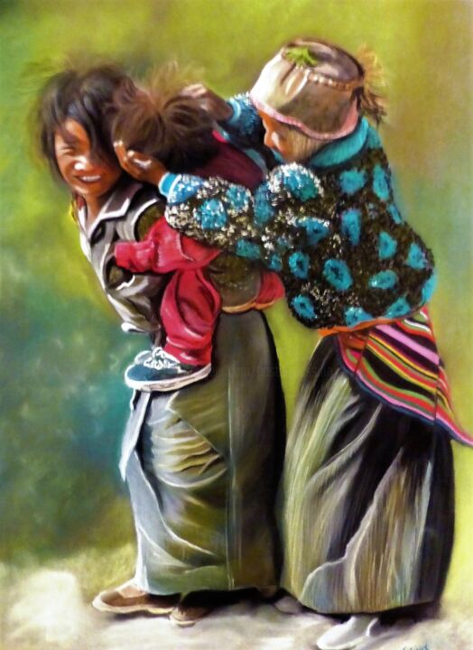 Painting titled "Les enfants" by Dominique Jolivet, Original Artwork, Pastel