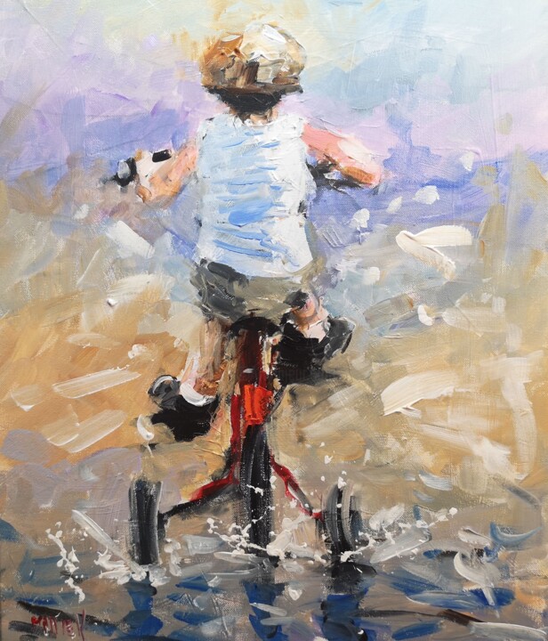 Peinture intitulée "Mon premier vélo" par Dominique Kleiner, Œuvre d'art originale, Huile
