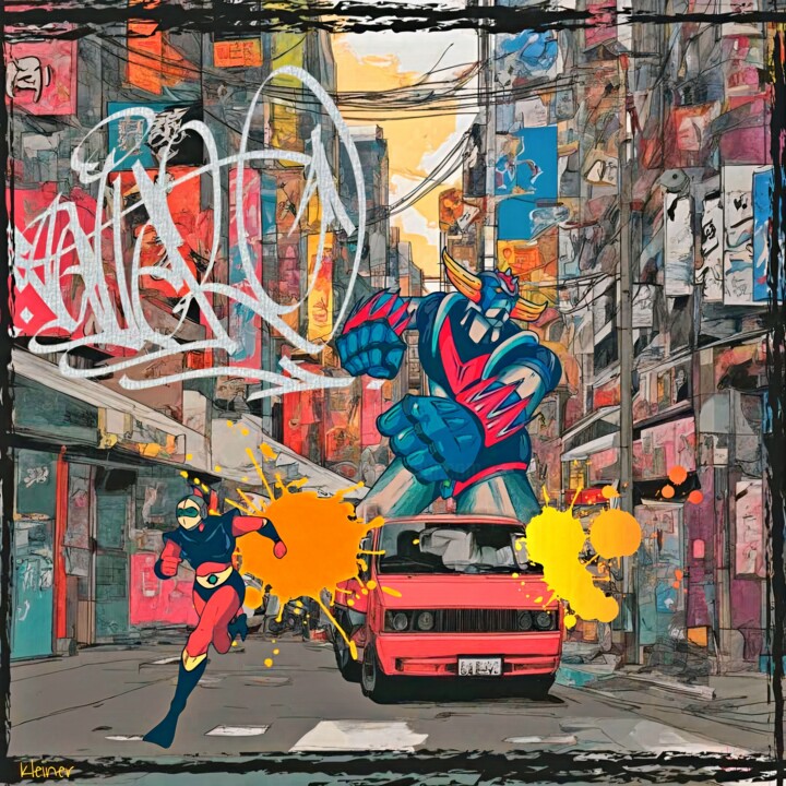 Schilderij getiteld "Goldorak in tokyo" door Dominique Kleiner, Origineel Kunstwerk, Digitaal Schilderwerk