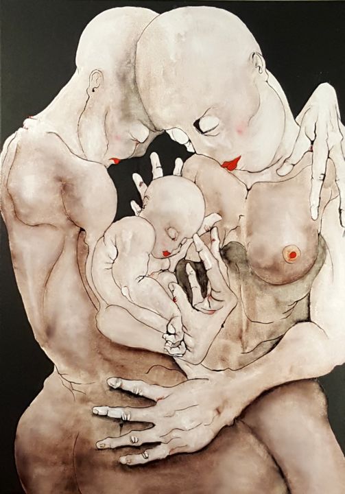 Painting titled "Famille" by Dominique Laude, Original Artwork, Oil