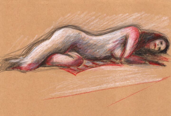 Dibujo titulada "Femme nue allongée" por Dominique Leblanc, Obra de arte original, Pastel