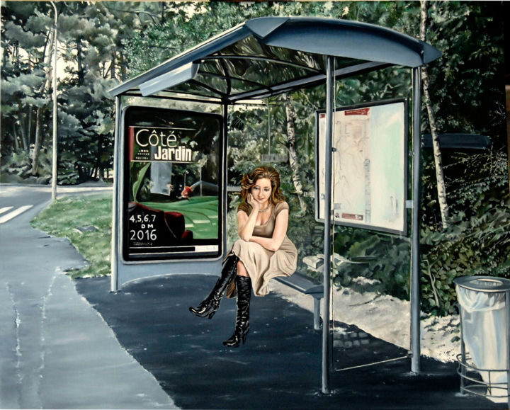 Malerei mit dem Titel "Abri Bus" von Dominique Manchet, Original-Kunstwerk, Öl