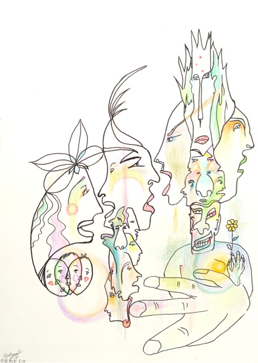 Zeichnungen mit dem Titel "Fleur cachée" von Dominique-Marie Gibaud Ubelmann, Original-Kunstwerk, Conté-Buntstifte