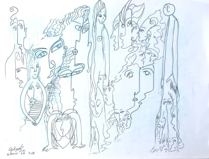 Dibujo titulada "Les passants 1" por Dominique-Marie Gibaud Ubelmann, Obra de arte original, Rotulador