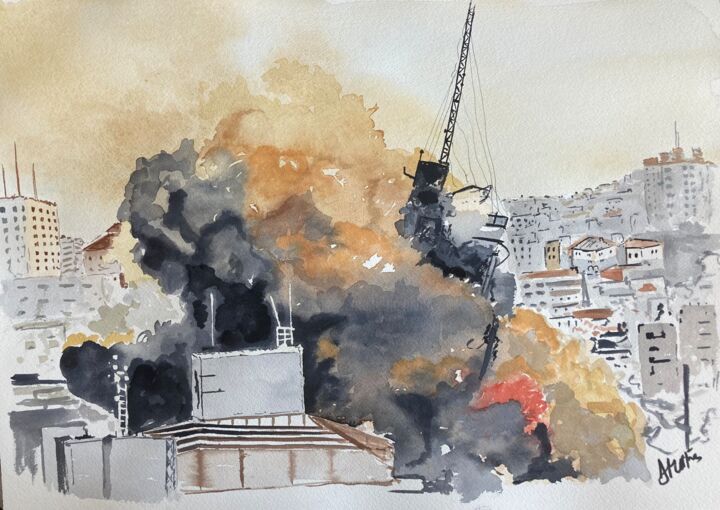 Painting titled "Gaza" by Dominique Metras, Original Artwork, Watercolor