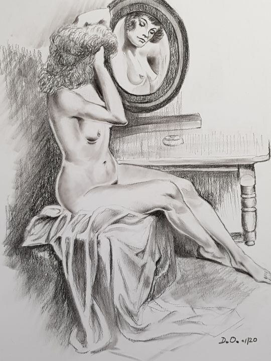 Dessin intitulée "Séance coiffure" par Dominique Obry, Œuvre d'art originale, Fusain