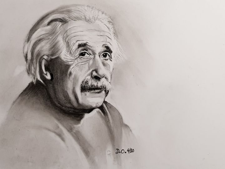 Drawing titled "Albert Einstein" by Dominique Obry, Original Artwork, Graphite