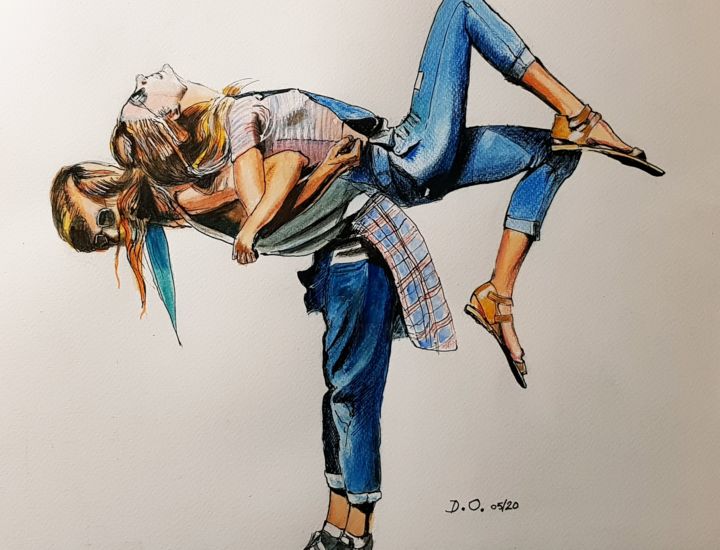 Dessin intitulée "Jeune couple confiné" par Dominique Obry, Œuvre d'art originale, Aquarelle
