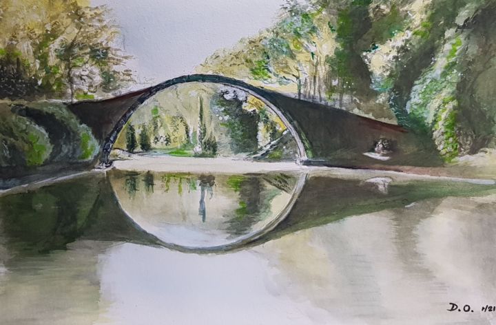 Dessin intitulée "Le méga pont de Saxe" par Dominique Obry, Œuvre d'art originale, Aquarelle