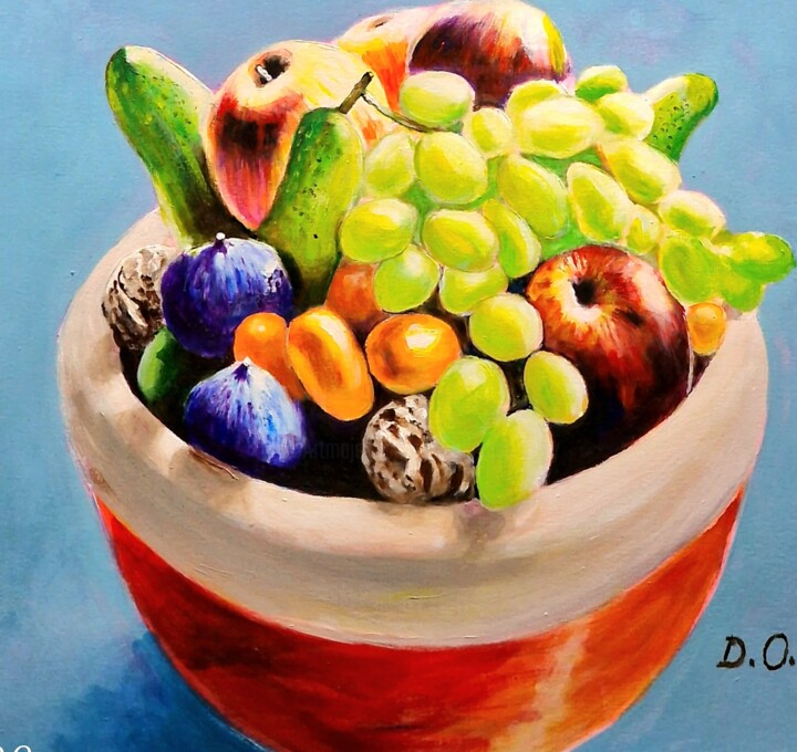 Pintura titulada "La coupe de fruits" por Dominique Obry, Obra de arte original, Acrílico