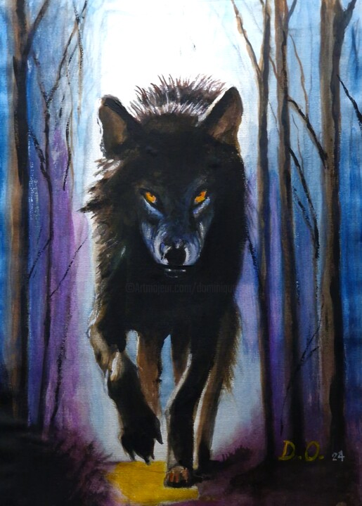 Drawing titled "Le loup" by Dominique Obry, Original Artwork, Watercolor