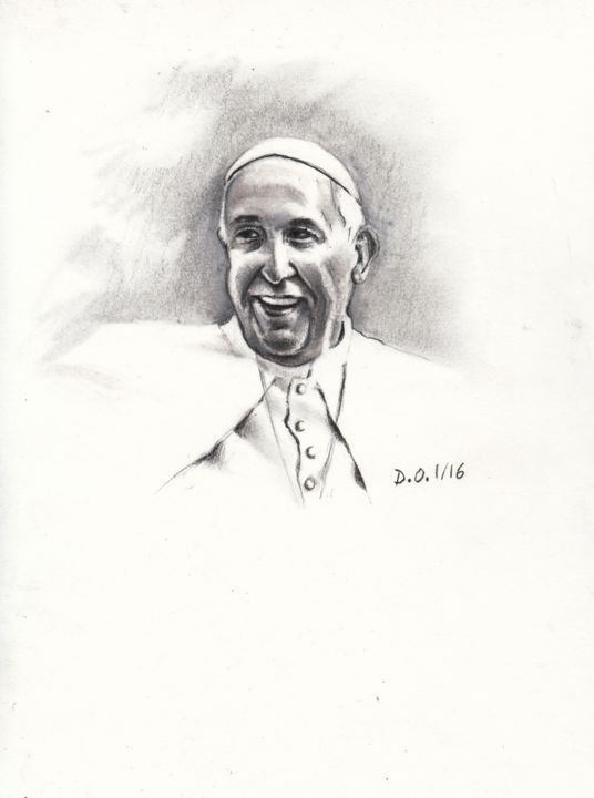Tekening getiteld "Pape François" door Dominique Obry, Origineel Kunstwerk, Grafiet