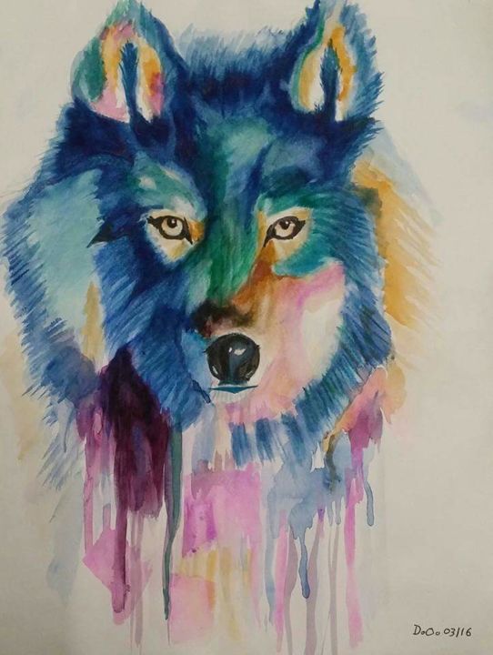 Painting titled "Loup bleu" by Dominique Obry, Original Artwork, Watercolor