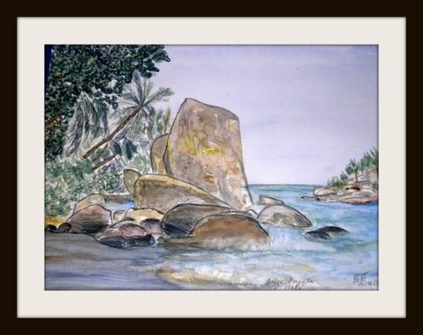 Malerei mit dem Titel "Vue des Seychelles" von Dominique Petit, Original-Kunstwerk, Öl
