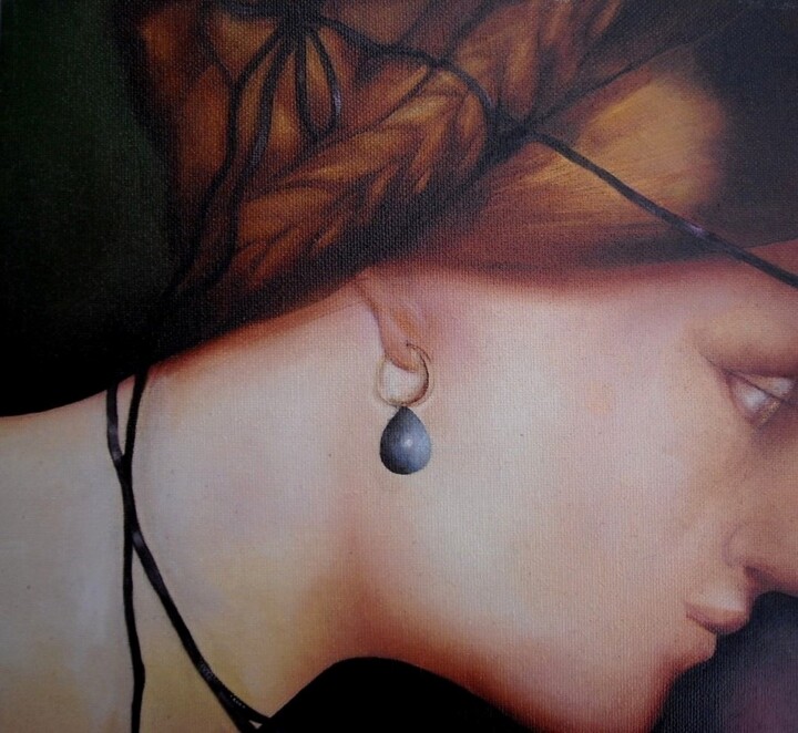 Schilderij getiteld "Perle" door Dominique Telmon, Origineel Kunstwerk, Olie Gemonteerd op Frame voor houten brancard