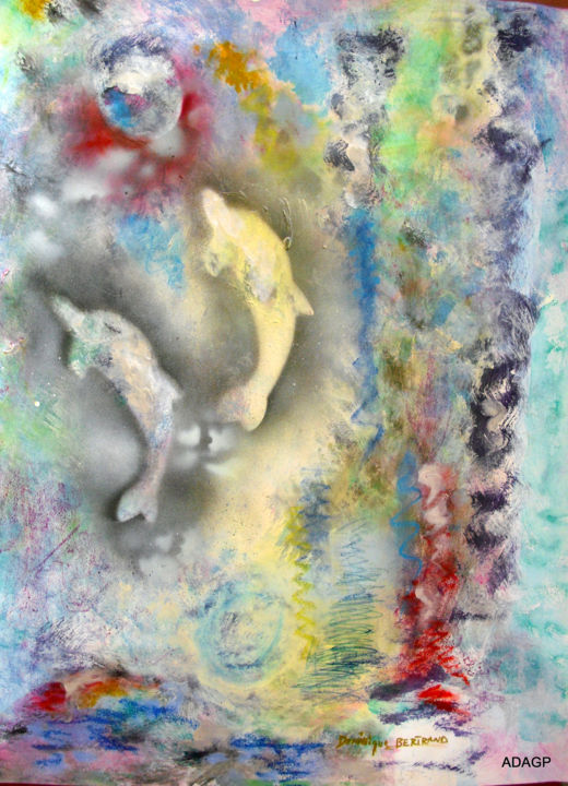 Peinture intitulée "2 dauphins au soleil" par Dominique Bertrand, Œuvre d'art originale