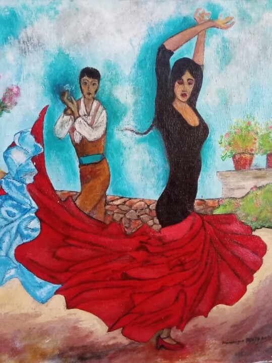 Peinture intitulée "Groupe flamenco tab…" par Dominique Bertrand, Œuvre d'art originale, Huile Monté sur Châssis en bois