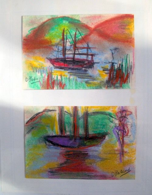 Painting titled "Navire dans la baie…" by Dominique Bertrand, Original Artwork, Pastel Mounted on Other rigid panel