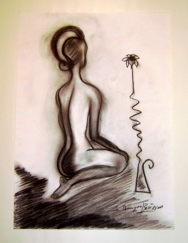 Pintura intitulada "Femme et fleur" por Dominique Bertrand, Obras de arte originais, Carvão Montado em Outro painel rígido