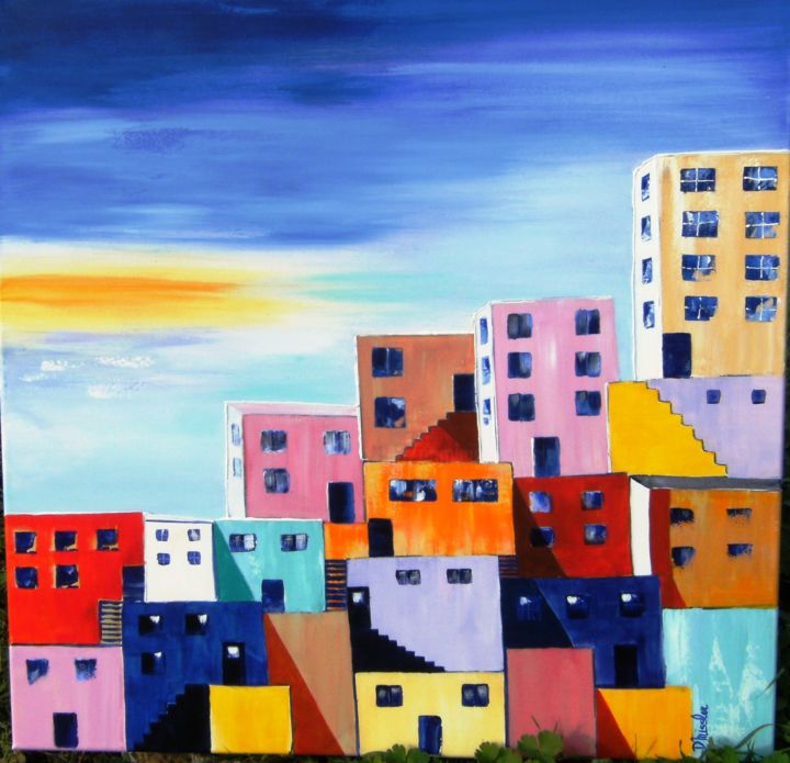 Painting titled "village-oublié" by Dominique Missler, Original Artwork, Acrylic Mounted on Wood Stretcher frame