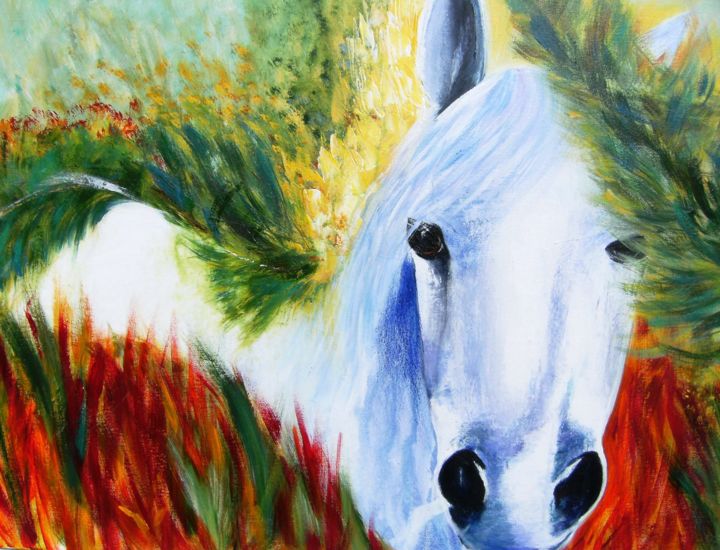 Painting titled "cheval-dans-la-garr…" by Dominique Missler, Original Artwork, Acrylic Mounted on Wood Stretcher frame