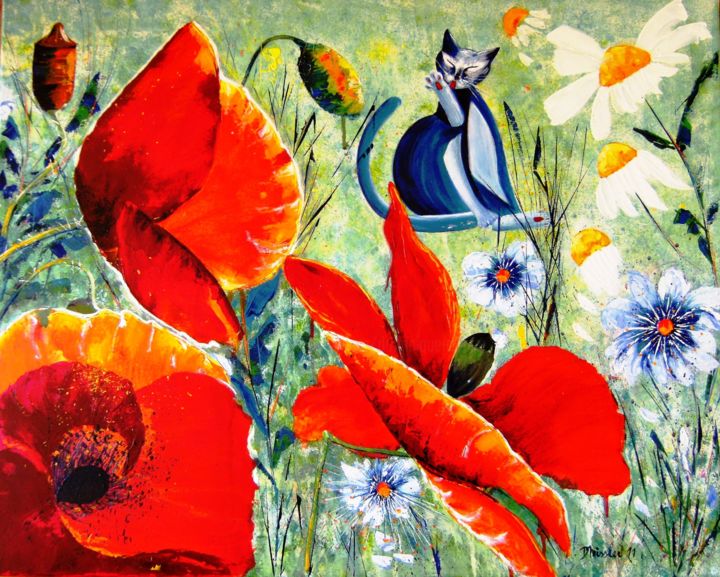 Malerei mit dem Titel "chats-et-coquelicots" von Dominique Missler, Original-Kunstwerk, Acryl Auf Keilrahmen aus Holz montie…