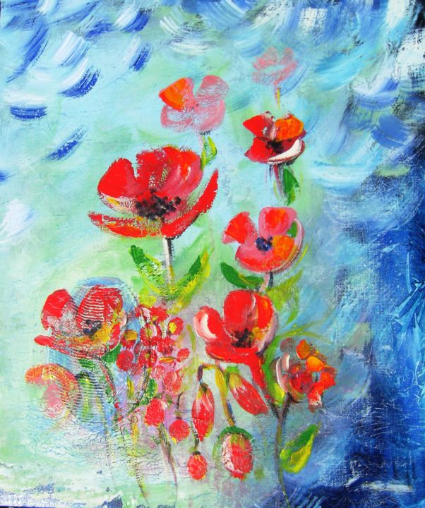 Painting titled "coquelicots" by Dominique Missler, Original Artwork, Acrylic Mounted on Wood Stretcher frame