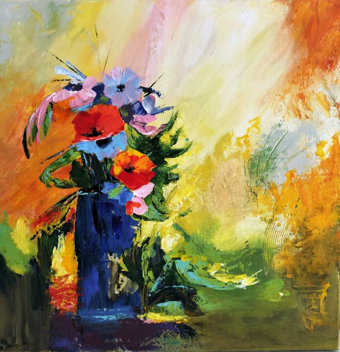 Painting titled "fleurs et couleurs" by Dominique Missler, Original Artwork, Acrylic Mounted on Wood Stretcher frame