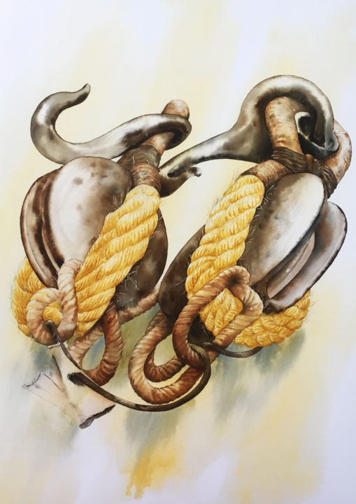 Peinture intitulée "poulie du bâton de…" par Dominique Ramaud, Œuvre d'art originale, Aquarelle