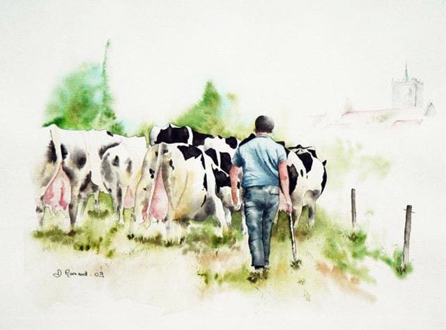 Painting titled "les vaches" by Dominique Ramaud, Original Artwork, Watercolor