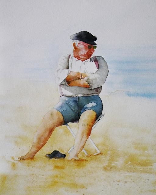 Painting titled "sur la plage" by Dominique Ramaud, Original Artwork, Watercolor