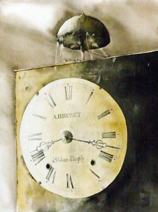 Peinture intitulée "l'horloge" par Dominique Ramaud, Œuvre d'art originale, Aquarelle