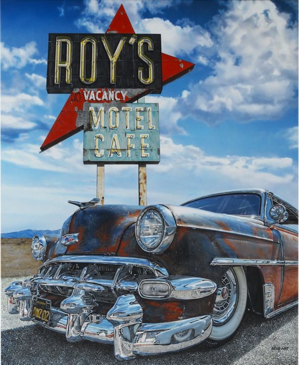 Painting titled "ROY'S CAFE" by Noir Mat, Original Artwork, Acrylic Mounted on Wood Stretcher frame