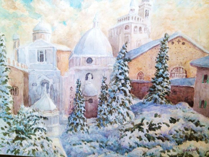 Painting titled "Bergamo sotto la ne…" by Don Barzaghi, Original Artwork, Watercolor