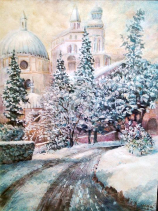 Painting titled "Bergamo sotto la ne…" by Don Barzaghi, Original Artwork, Watercolor