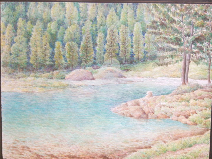 Painting titled "Lago alpino" by Don Barzaghi, Original Artwork, Watercolor