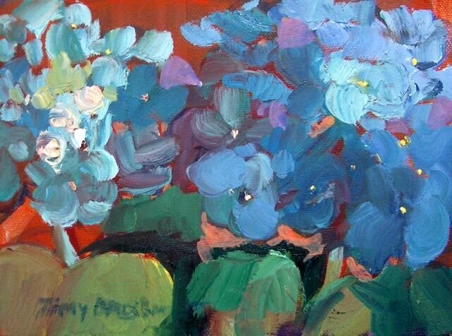 Malerei mit dem Titel "Blue Hydrangeas II" von Don Bourret, Original-Kunstwerk, Öl