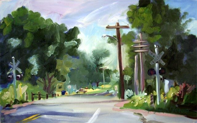 Painting titled "Railroad Crossing" by Don Bourret, Original Artwork, Oil