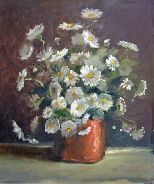 Painting titled "Daisies In A Pot" by Don Bourret, Original Artwork, Oil