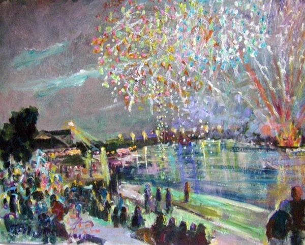"Fireworks At Harbor…" başlıklı Tablo Don Bourret tarafından, Orijinal sanat, Petrol