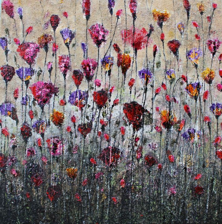 Pittura intitolato "purple poppie and l…" da Donatella Marraoni, Opera d'arte originale, Smalto